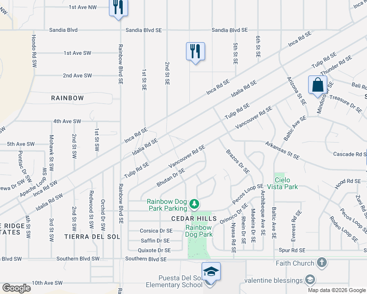 map of restaurants, bars, coffee shops, grocery stores, and more near 513 Vancouver Road Southeast in Rio Rancho
