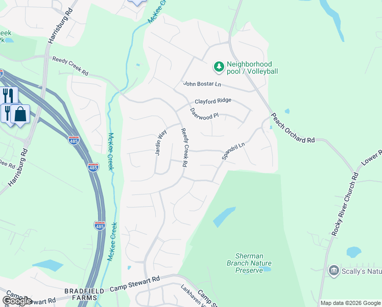 map of restaurants, bars, coffee shops, grocery stores, and more near 11017 Scrimshaw Lane in Charlotte
