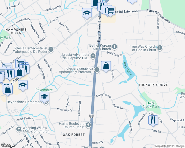 map of restaurants, bars, coffee shops, grocery stores, and more near 4802 East W.T. Harris Boulevard in Charlotte