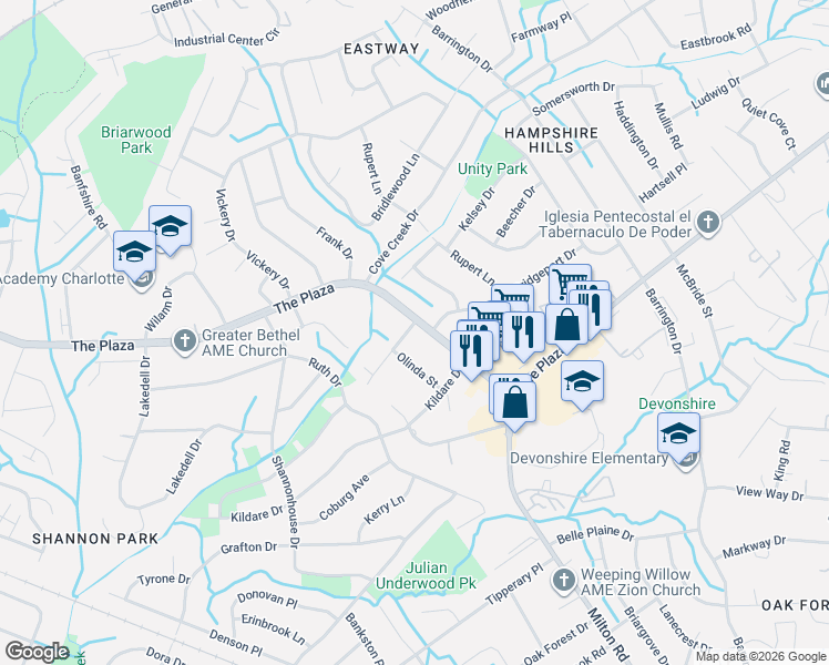 map of restaurants, bars, coffee shops, grocery stores, and more near 5829 The Plaza in Charlotte