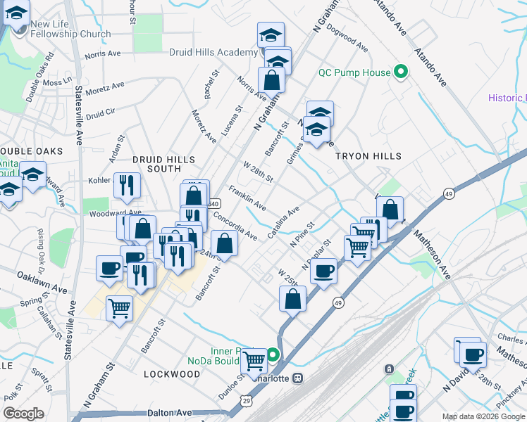 map of restaurants, bars, coffee shops, grocery stores, and more near 522 Franklin Avenue in Charlotte