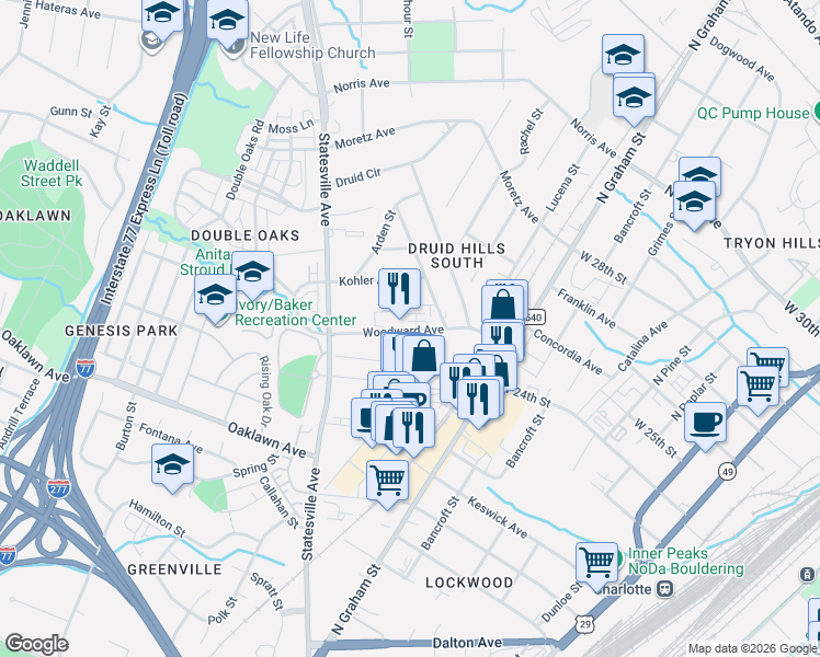 map of restaurants, bars, coffee shops, grocery stores, and more near in Charlotte