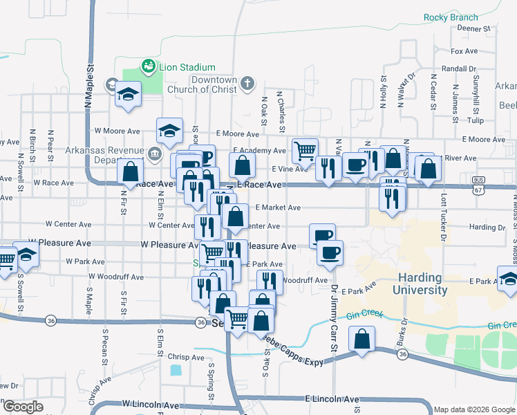 map of restaurants, bars, coffee shops, grocery stores, and more near 206 North Oak Street in Searcy