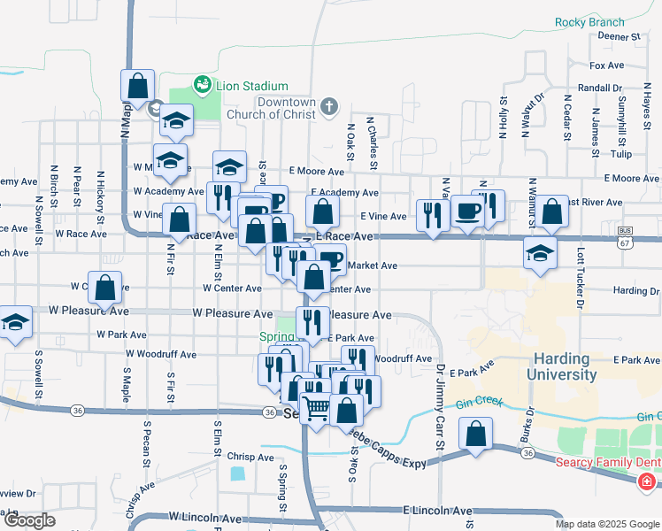 map of restaurants, bars, coffee shops, grocery stores, and more near East Market Avenue & North Locust Street in Searcy
