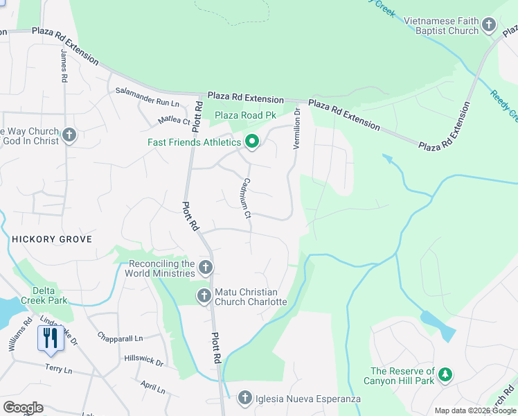 map of restaurants, bars, coffee shops, grocery stores, and more near 8638 Casa Court in Charlotte