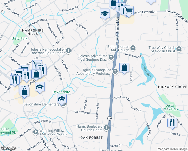 map of restaurants, bars, coffee shops, grocery stores, and more near 6723 Marston Court in Charlotte