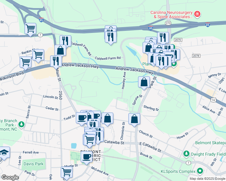 map of restaurants, bars, coffee shops, grocery stores, and more near 407 Hawley Avenue in Belmont