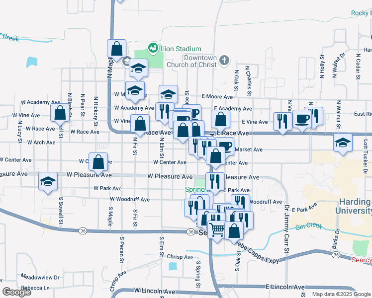 map of restaurants, bars, coffee shops, grocery stores, and more near West Market Avenue in Searcy
