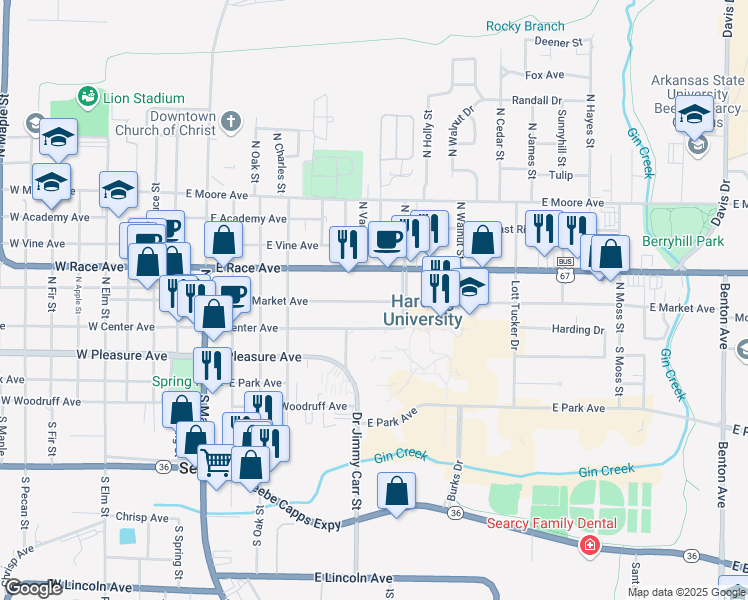map of restaurants, bars, coffee shops, grocery stores, and more near 708 East Market Avenue in Searcy