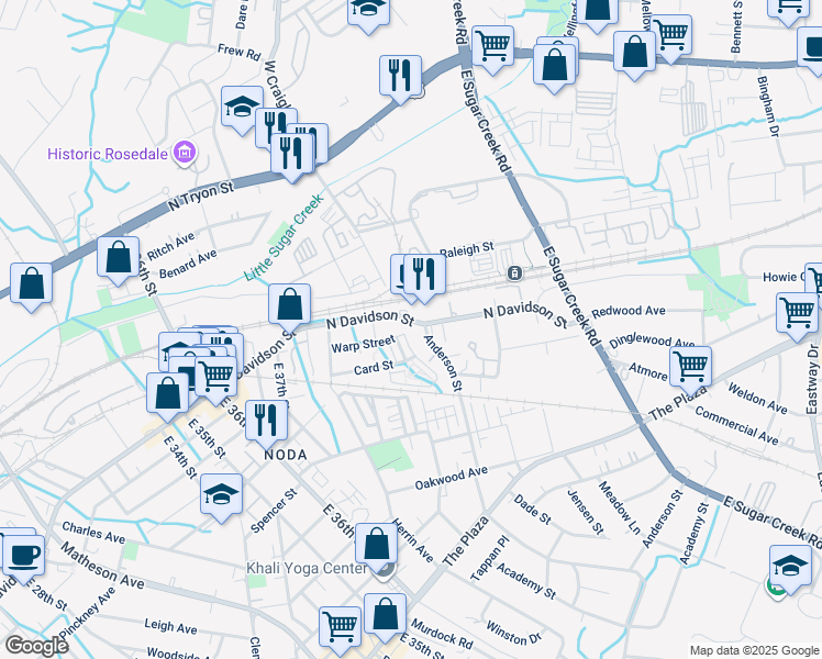 map of restaurants, bars, coffee shops, grocery stores, and more near 3586 North Davidson Street in Charlotte