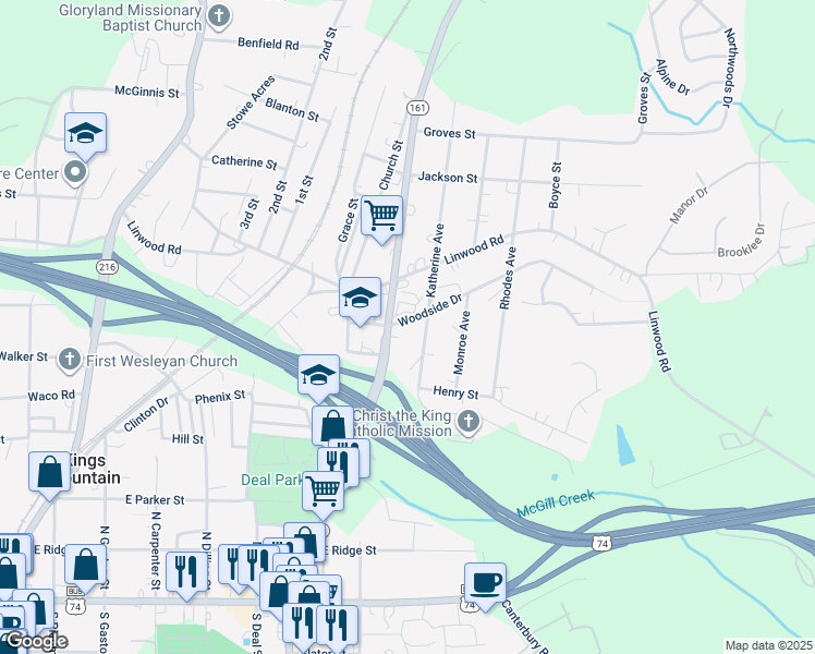 map of restaurants, bars, coffee shops, grocery stores, and more near 602 Woodside Drive in Kings Mountain