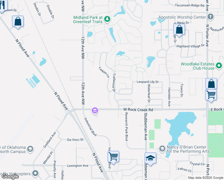 map of restaurants, bars, coffee shops, grocery stores, and more near 2610 Trailwood Drive in Norman