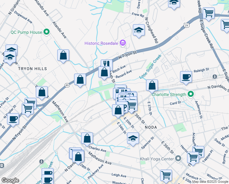 map of restaurants, bars, coffee shops, grocery stores, and more near 300 East 36th Street in Charlotte