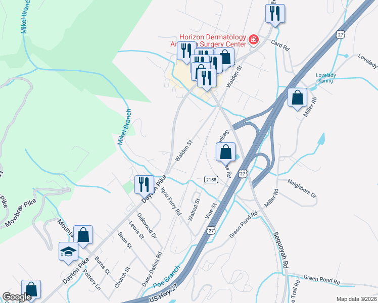 map of restaurants, bars, coffee shops, grocery stores, and more near 9926 Walden Street in Soddy-Daisy