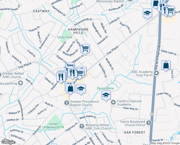 map of restaurants, bars, coffee shops, grocery stores, and more near 6051 Fairmarket Place in Charlotte