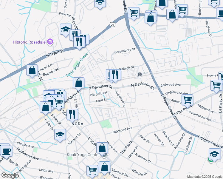 map of restaurants, bars, coffee shops, grocery stores, and more near 3586 North Davidson Street in Charlotte