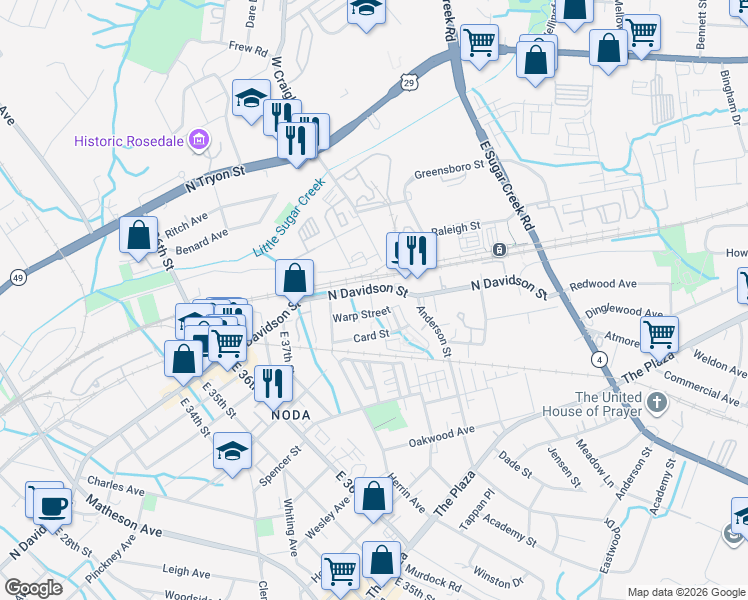 map of restaurants, bars, coffee shops, grocery stores, and more near 3586 North Davidson Street in Charlotte
