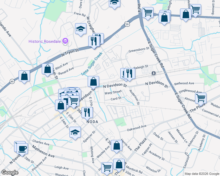 map of restaurants, bars, coffee shops, grocery stores, and more near in Charlotte