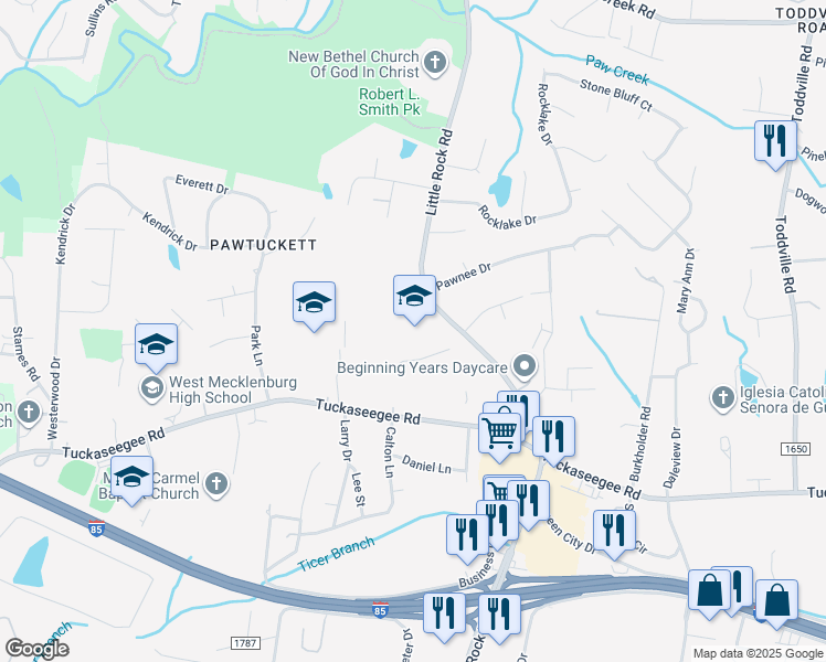 map of restaurants, bars, coffee shops, grocery stores, and more near 2028 Little Rock Road in Charlotte