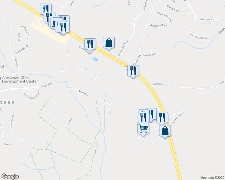 map of restaurants, bars, coffee shops, grocery stores, and more near 44 Dry Springs Court in Cameron