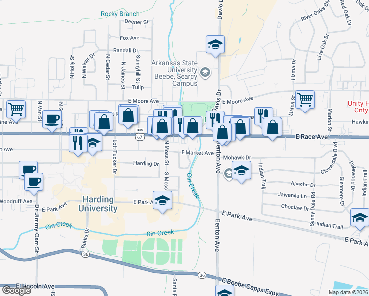 map of restaurants, bars, coffee shops, grocery stores, and more near 1707 East Race Avenue in Searcy