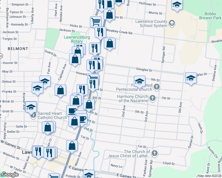 map of restaurants, bars, coffee shops, grocery stores, and more near 410 7th Street in Lawrenceburg