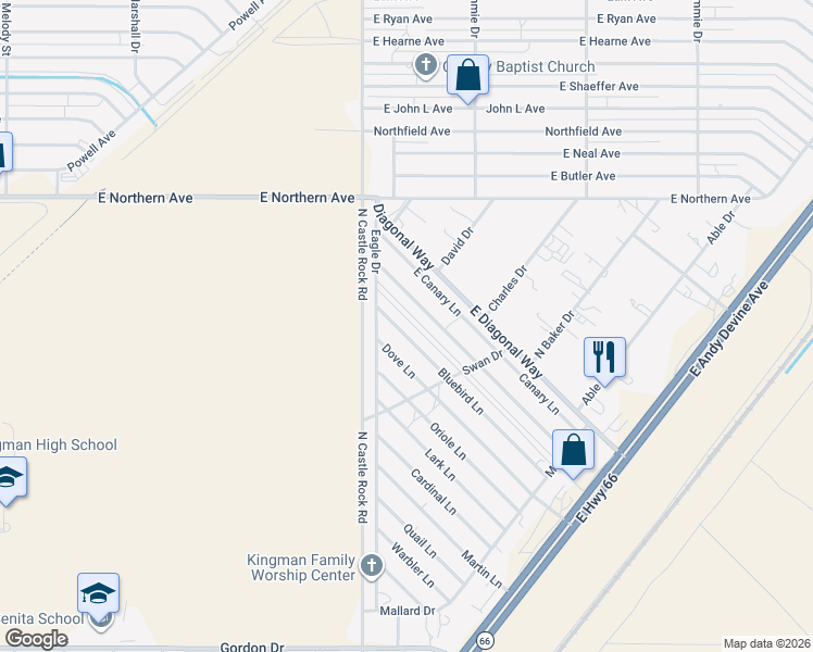 map of restaurants, bars, coffee shops, grocery stores, and more near 3535 Bluebird Lane in Kingman