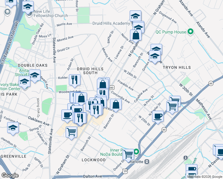 map of restaurants, bars, coffee shops, grocery stores, and more near in Charlotte