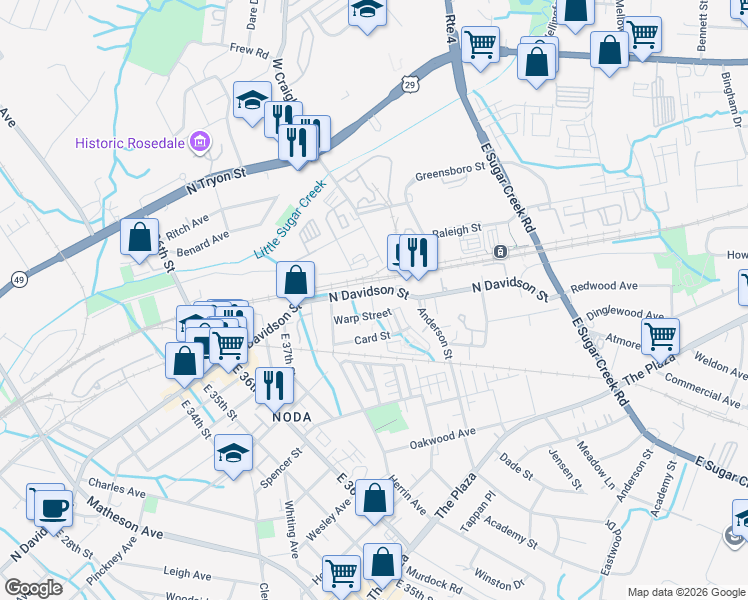 map of restaurants, bars, coffee shops, grocery stores, and more near 3586 North Davidson Street in Charlotte