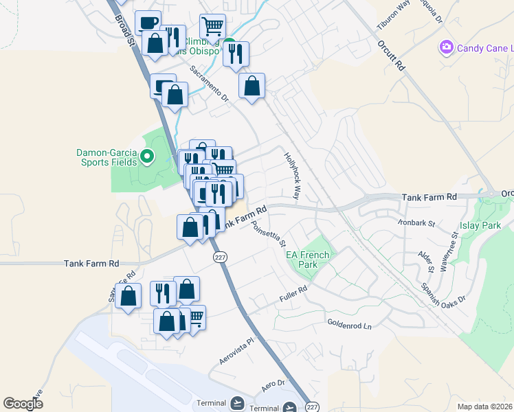 map of restaurants, bars, coffee shops, grocery stores, and more near 839 Marigold Court in San Luis Obispo