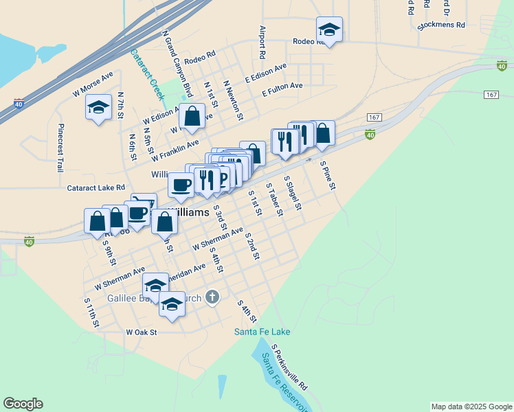 map of restaurants, bars, coffee shops, grocery stores, and more near in Williams