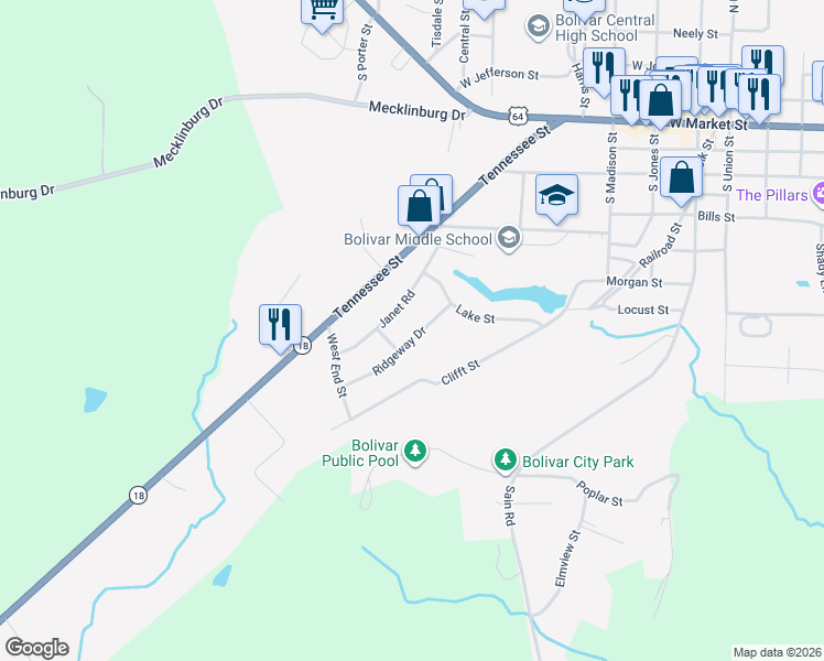 map of restaurants, bars, coffee shops, grocery stores, and more near 532 Ridgeway Drive in Bolivar