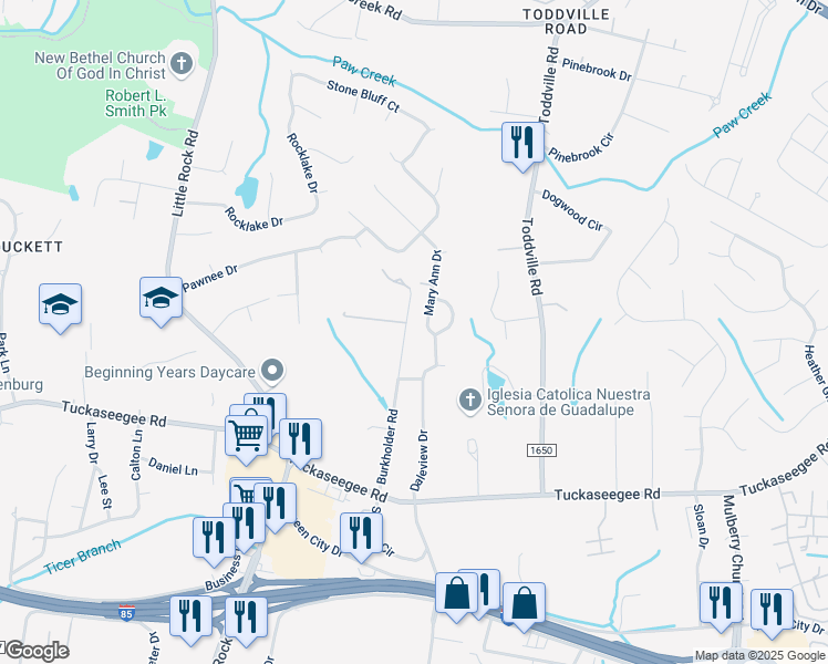 map of restaurants, bars, coffee shops, grocery stores, and more near 2450 Whitewater Drive in Charlotte