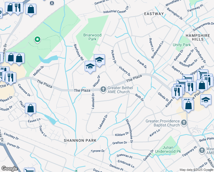 map of restaurants, bars, coffee shops, grocery stores, and more near 5301 The Plaza in Charlotte