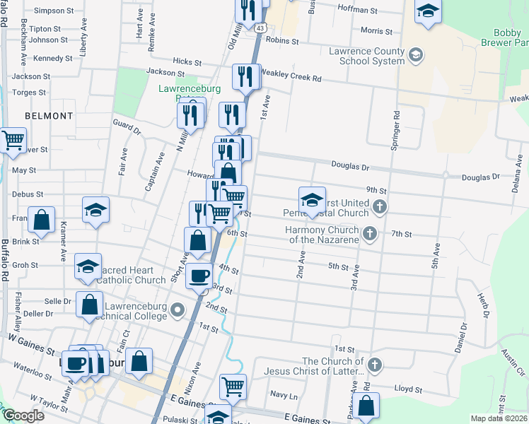 map of restaurants, bars, coffee shops, grocery stores, and more near 410 7th Street in Lawrenceburg