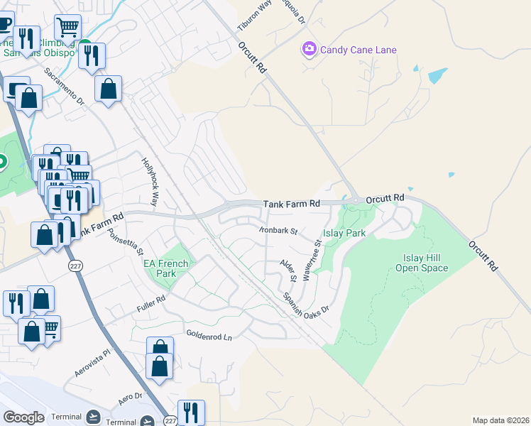 map of restaurants, bars, coffee shops, grocery stores, and more near 1288 Chaparral Circle in San Luis Obispo