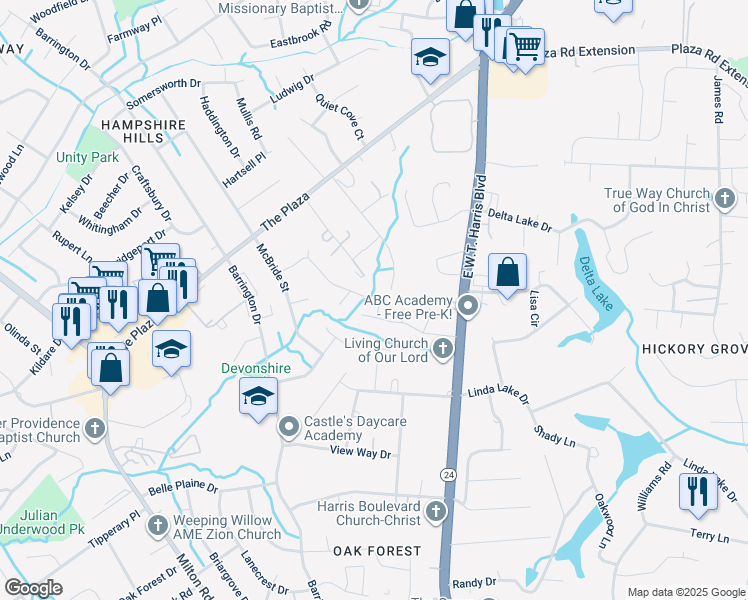 map of restaurants, bars, coffee shops, grocery stores, and more near 6711 Marston Court in Charlotte
