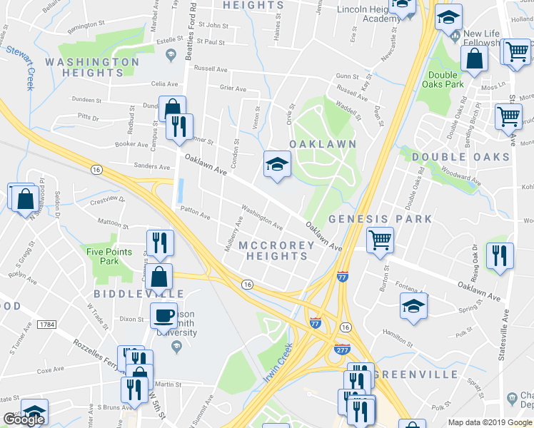 map of restaurants, bars, coffee shops, grocery stores, and more near 1726 Washington Avenue in Charlotte