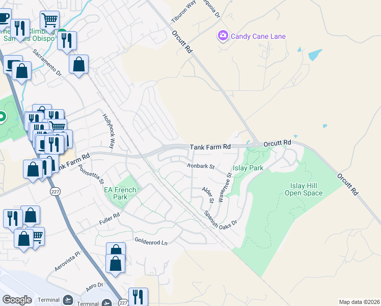 map of restaurants, bars, coffee shops, grocery stores, and more near 1288 Chaparral Circle in San Luis Obispo