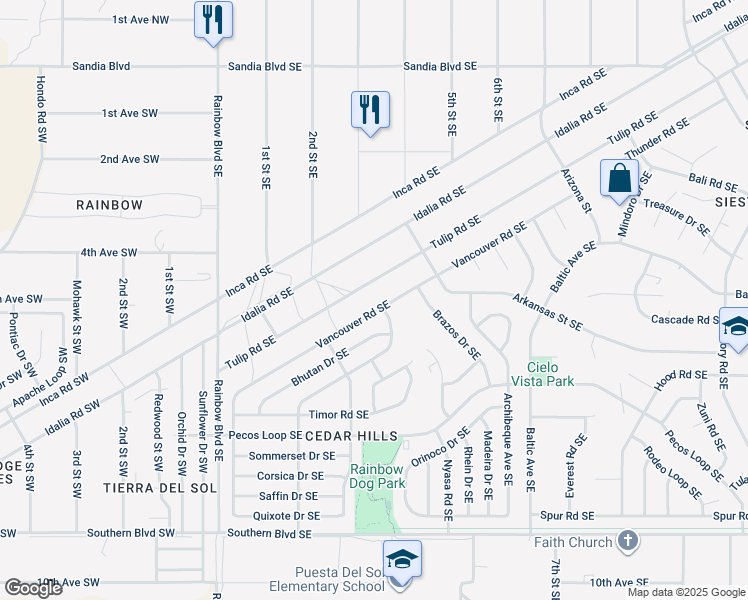 map of restaurants, bars, coffee shops, grocery stores, and more near 521 Vancouver Road Southeast in Rio Rancho