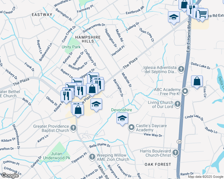 map of restaurants, bars, coffee shops, grocery stores, and more near 6410 The Plaza in Charlotte