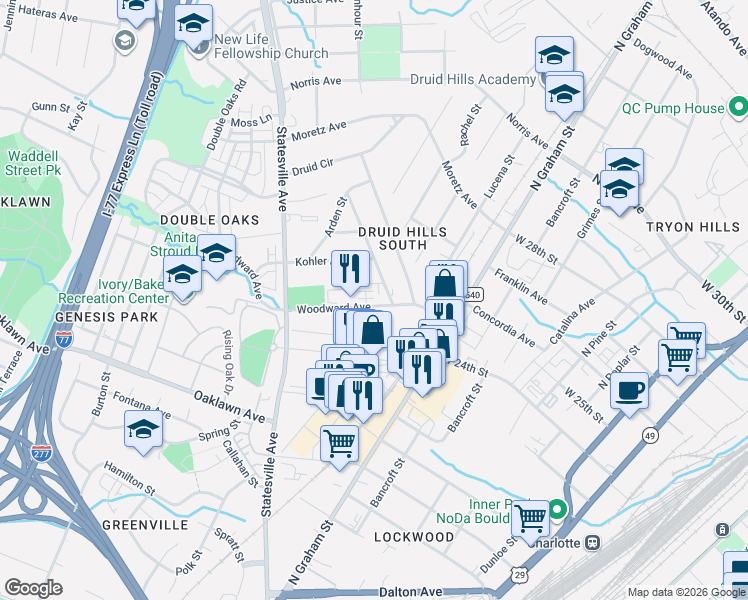 map of restaurants, bars, coffee shops, grocery stores, and more near in Charlotte