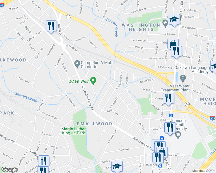map of restaurants, bars, coffee shops, grocery stores, and more near 2645 Roslyn Avenue in Charlotte