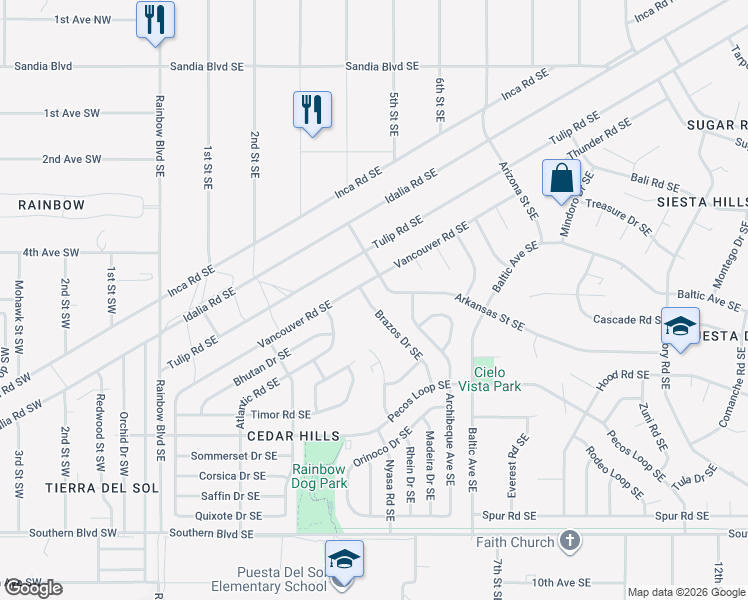 map of restaurants, bars, coffee shops, grocery stores, and more near 519 Brazos Drive Southeast in Rio Rancho