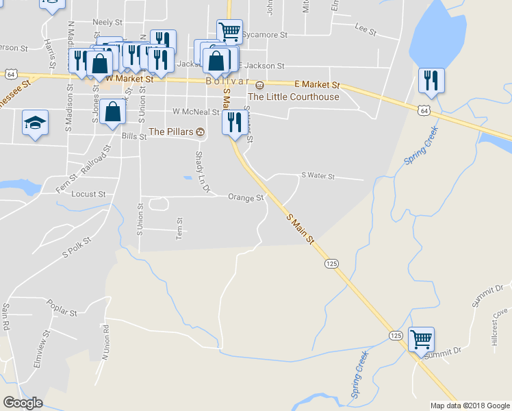 map of restaurants, bars, coffee shops, grocery stores, and more near 107 Orange St in Bolivar