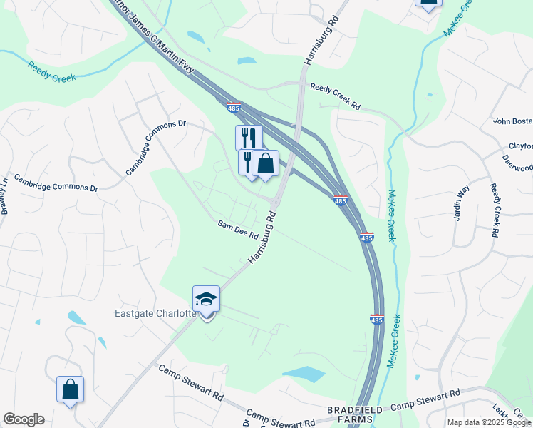 map of restaurants, bars, coffee shops, grocery stores, and more near 10619 Harrisburg Road in Charlotte