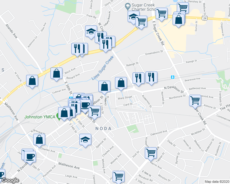 map of restaurants, bars, coffee shops, grocery stores, and more near N Davidson St & Herrin Ave in Charlotte
