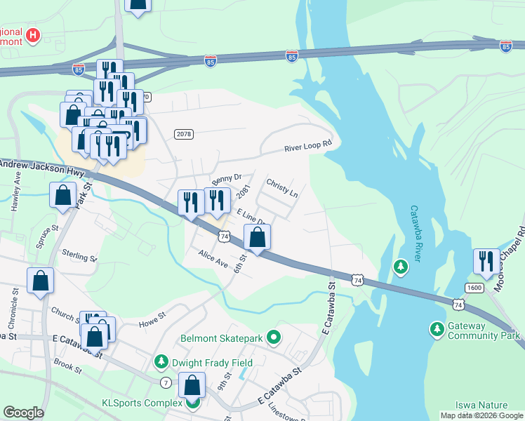 map of restaurants, bars, coffee shops, grocery stores, and more near 258-299 Long Leaf Dr in Belmont