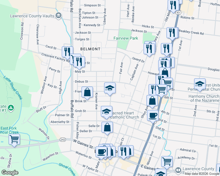 map of restaurants, bars, coffee shops, grocery stores, and more near 201 Jacobs Drive in Lawrenceburg