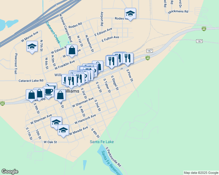 map of restaurants, bars, coffee shops, grocery stores, and more near 211 South Taber Street in Williams